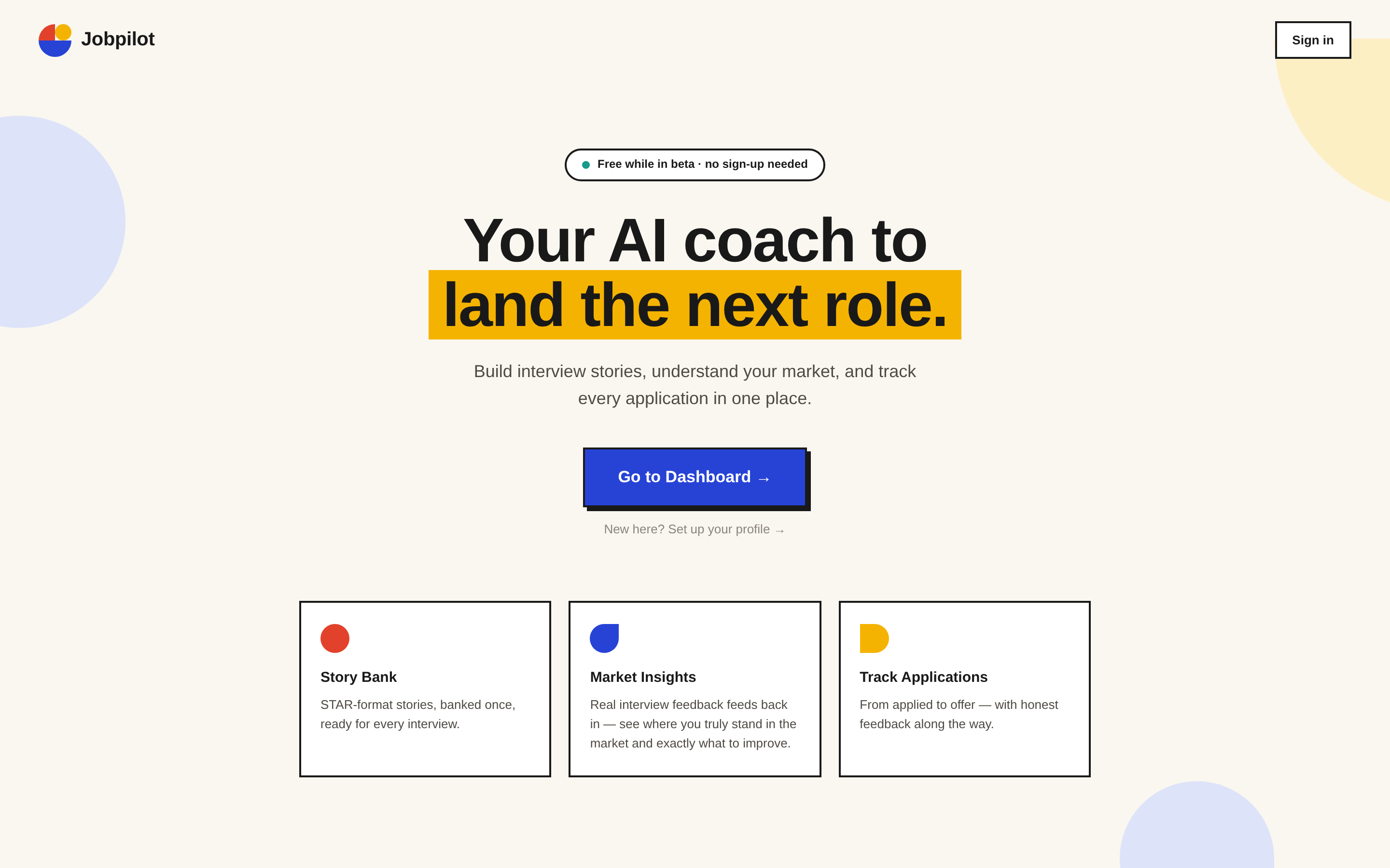 JobPilot landing page with a warm cream background and bold geometric color system