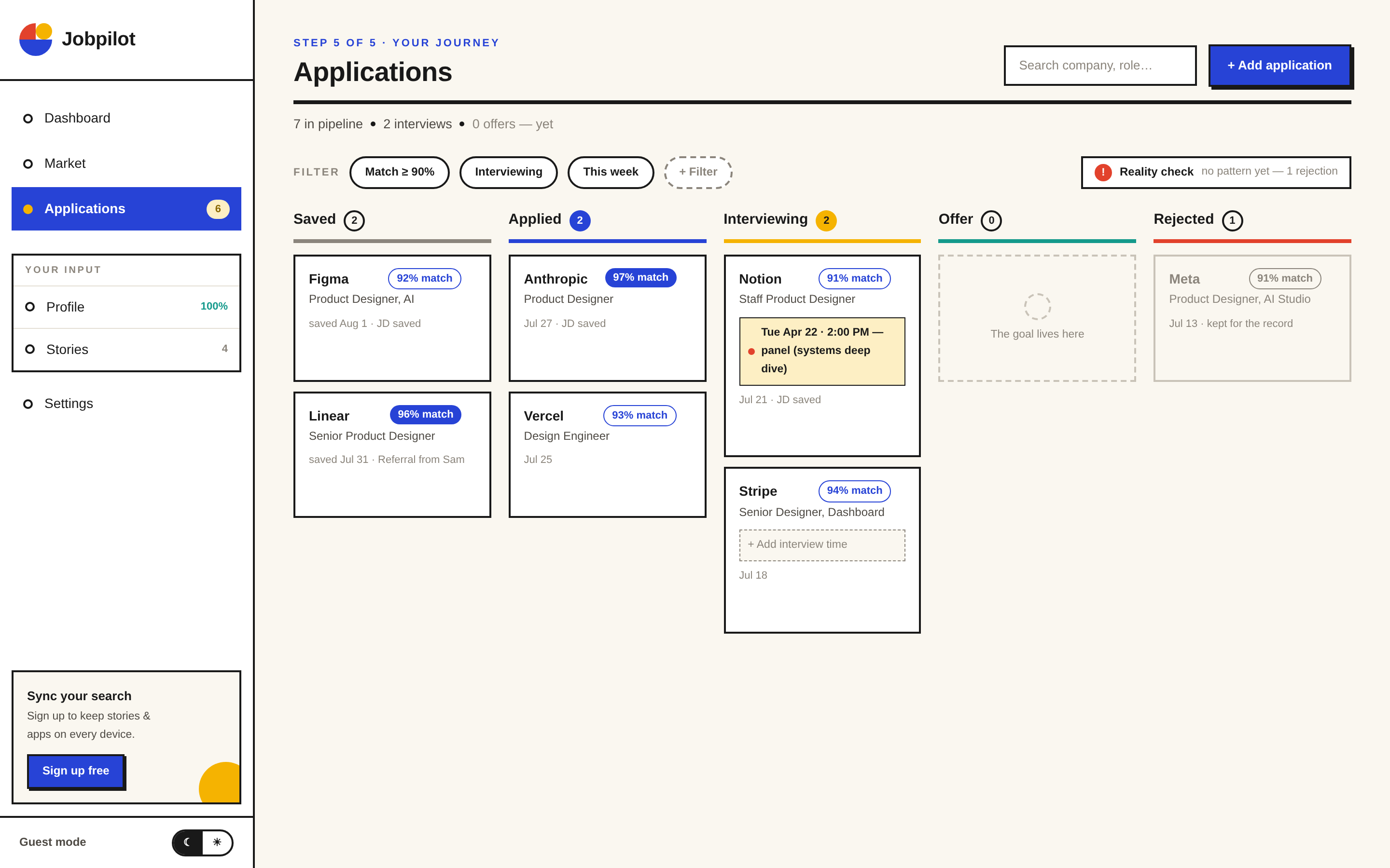 JobPilot application board with saved, applied, interviewing, offer, and rejected columns