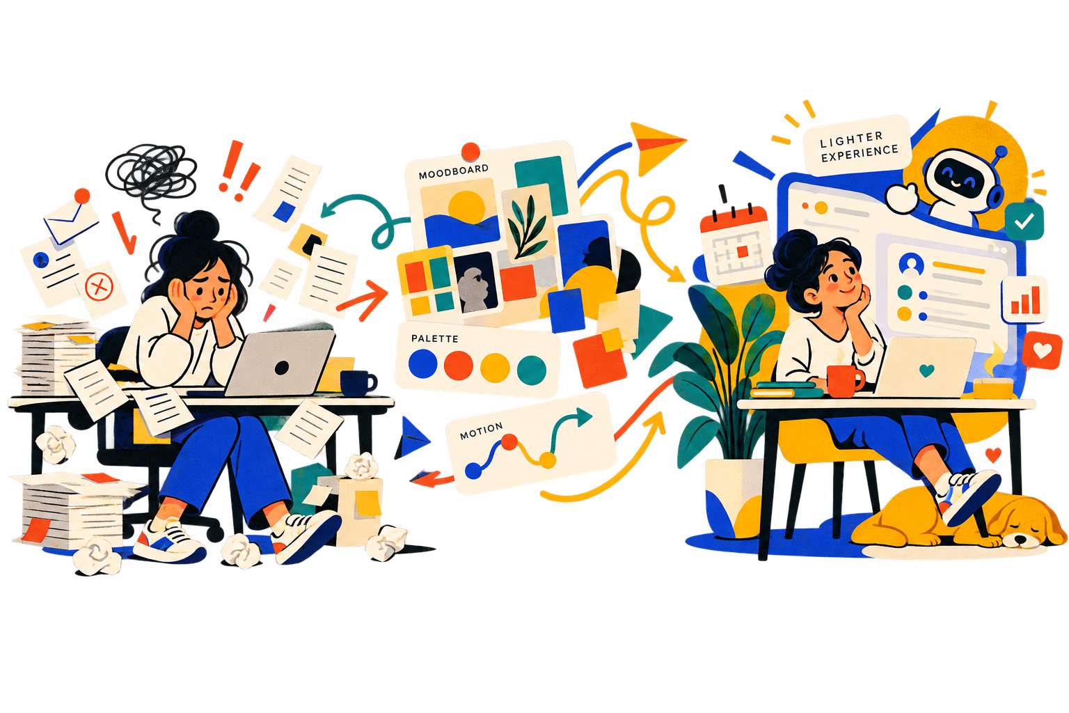 Illustration showing an anxious job seeker transformed by a playful moodboard, color palette, and motion system into a calmer JobPilot experience