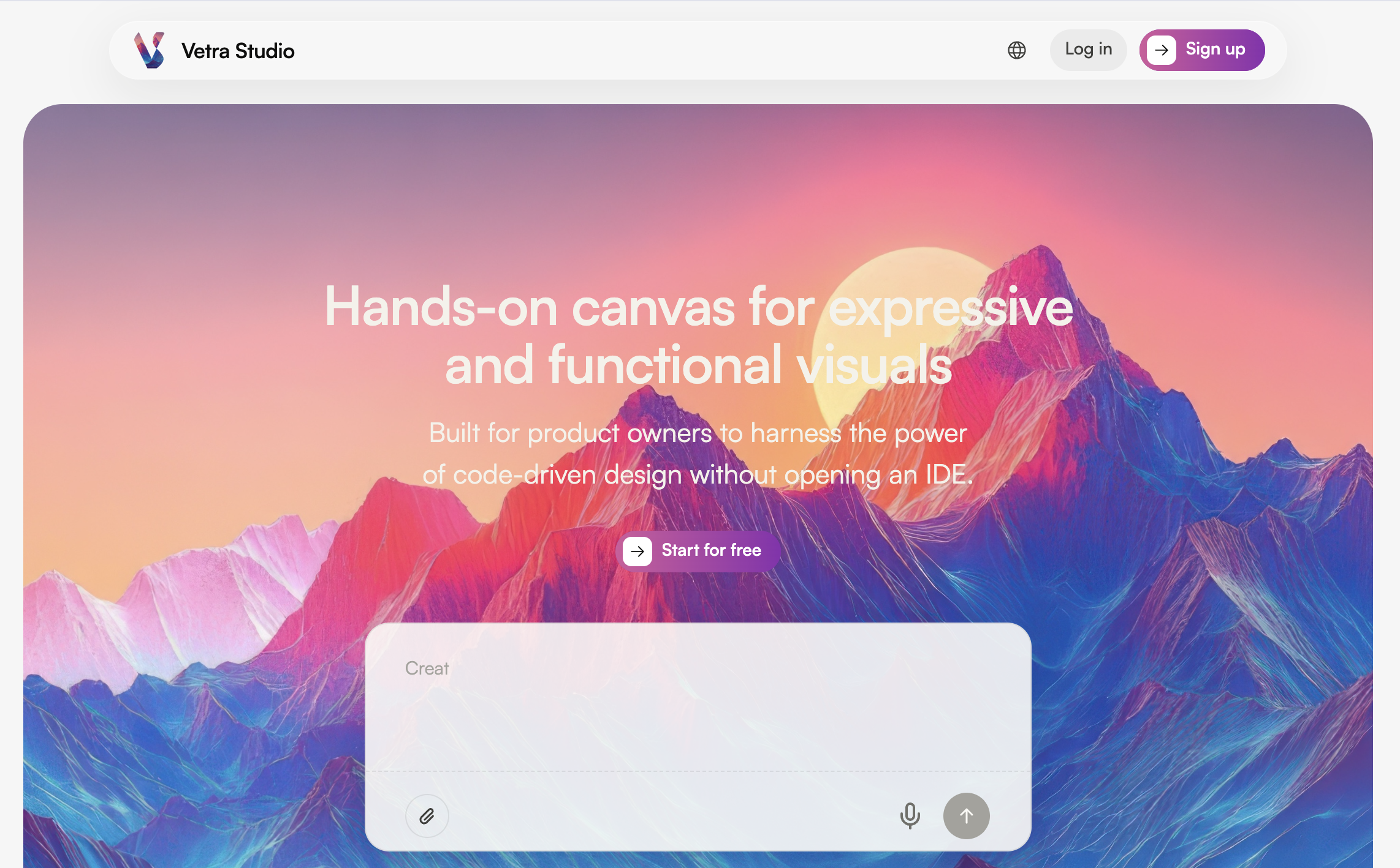Vetra Studio homepage with the Start for free action